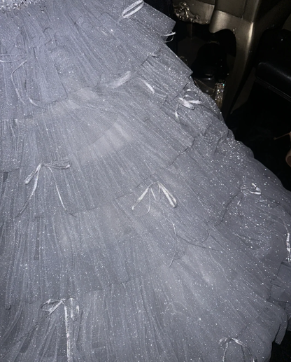 Glitter Strapless Silver Sequin Tulle Layered Mermaid Long Birthday Party Dress Prom Dresses SP1413