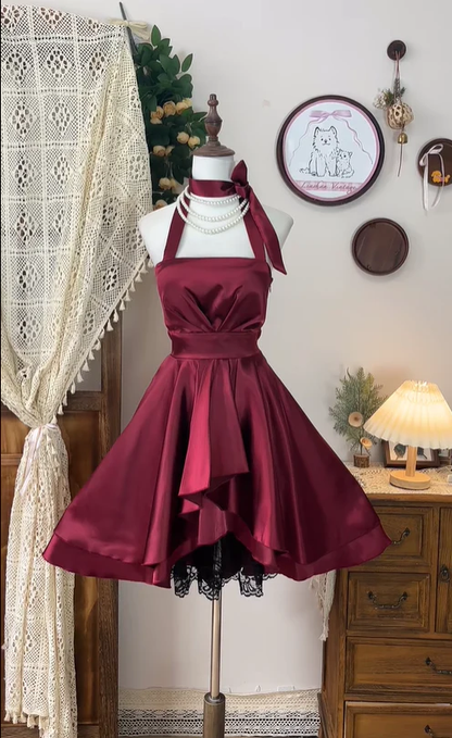 Pretty Burgundy Satin Lace A Line Halter  Homecoming Dress Cocktail Dress Y8881