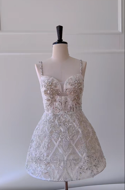 Gorgeous White Spaghetti Straps Tulle Beaded Homecoming Dress Mini Birthday Outfits Y8985