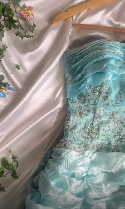 Classy Strapless Blue Tulle Pleated Beaded Mermaid Long Prom Dress Party Gown SP3738