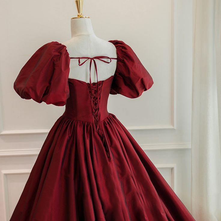 Wine Red Short Sleeves Floor Length Long Evening Dresses, Ball Gown Formal Dresses Y6973