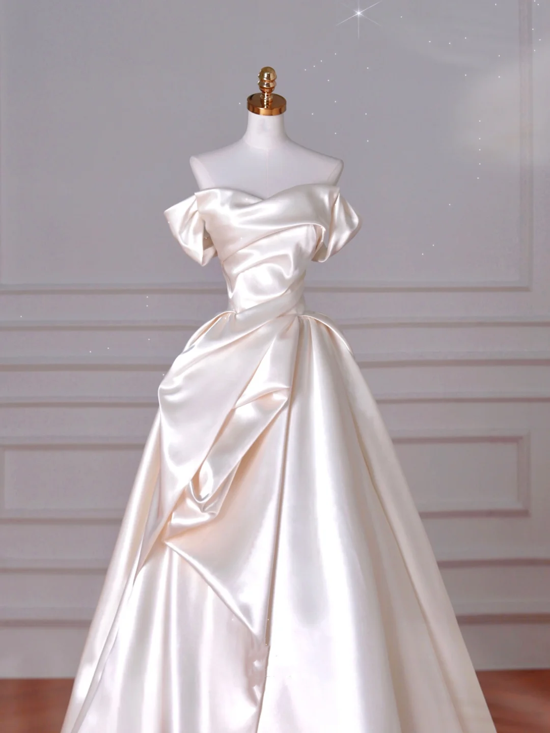 Classy Off The Shoulder Satin Pleated A Line Prom Evening Dress,White Wedding Dress Y8633
