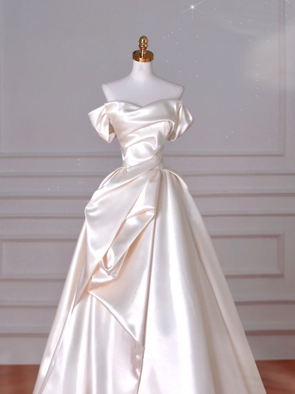 Classy Off The Shoulder Satin Pleated A Line Prom Evening Dress,White Wedding Dress Y8633