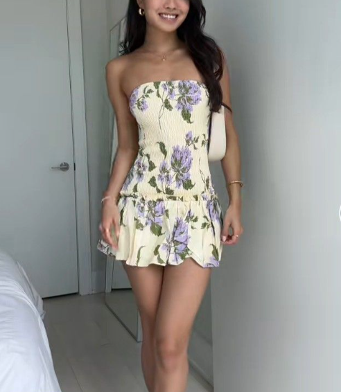 Pretty Strapless Light Yellow Satin Print Floral Sheath Homecoming Dress Short 21st Birthday Outfits SP186