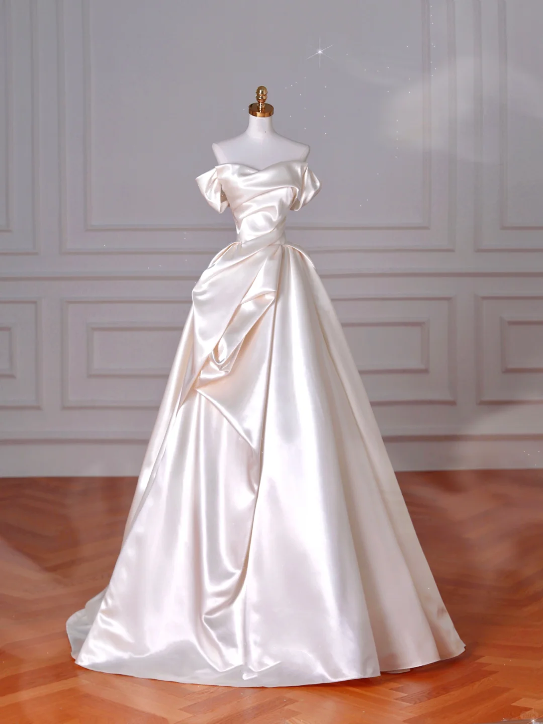 Classy Off The Shoulder Satin Pleated A Line Prom Evening Dress,White Wedding Dress Y8633