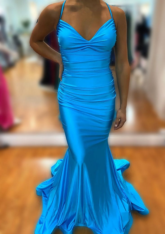 Mermaid V Neck Sleeveless Sweep Train Prom Dress With Pleated  Y6611