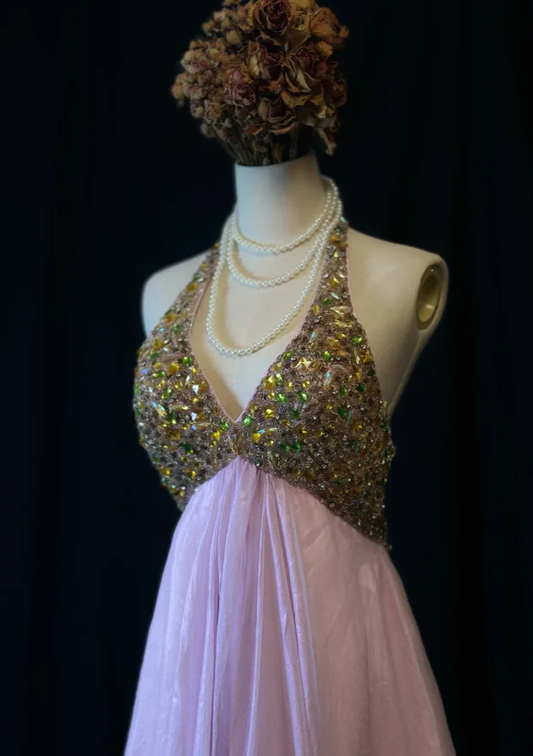 Vintage Pink Chiffon beaded Cocktail Dress Halter Short Backless Homecoming Dress Y8945