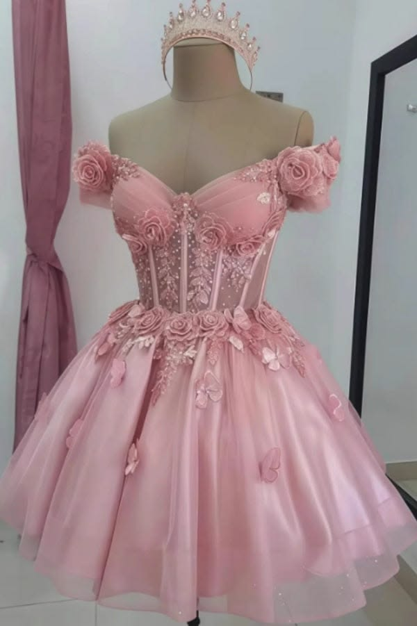 Beautiful Off The Shoulder Tulle Appliques Short Prom Dress,Pink A Line Short Graduation Homecoming Dress SP3260