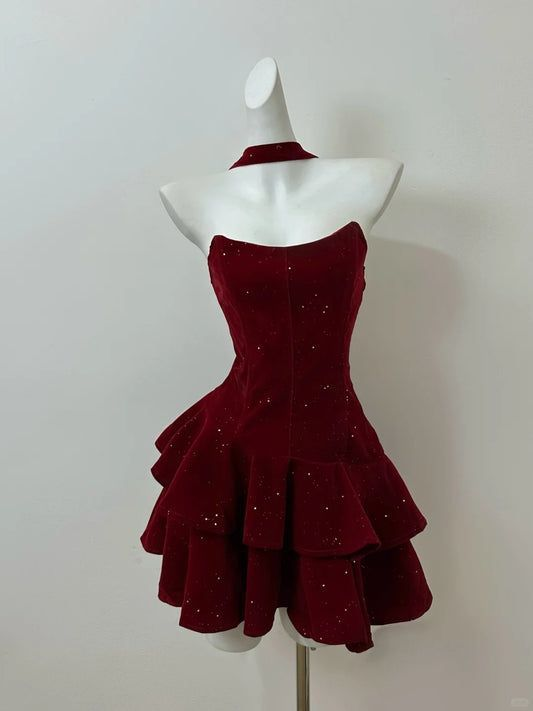Charming Burgundy Strapless Velvet Layered Short 21th Birthday Outfits Formal Graduation Homecoming Dress Y9955