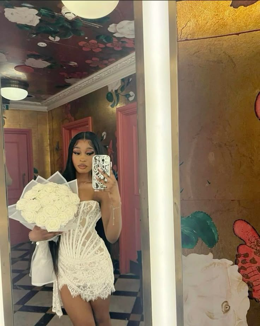 Charming Lace Strapless Sheath Cocktail Dress White Short Birthday Dress Homecoming Dress Y9066