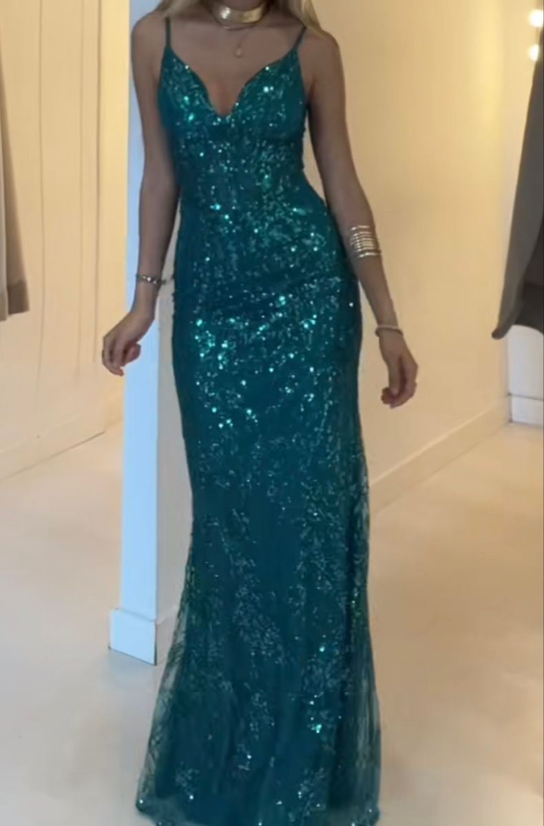 Unique Peacock Blue Spaghetti Straps V Neck Tulle Sequin Mermaid Long Evening Dress Prom Gown SP334