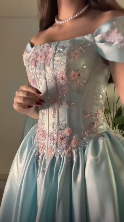 Pretty Blue Off The Shoulder Satin Beaded Long Party Dress Prom Gown SP3740