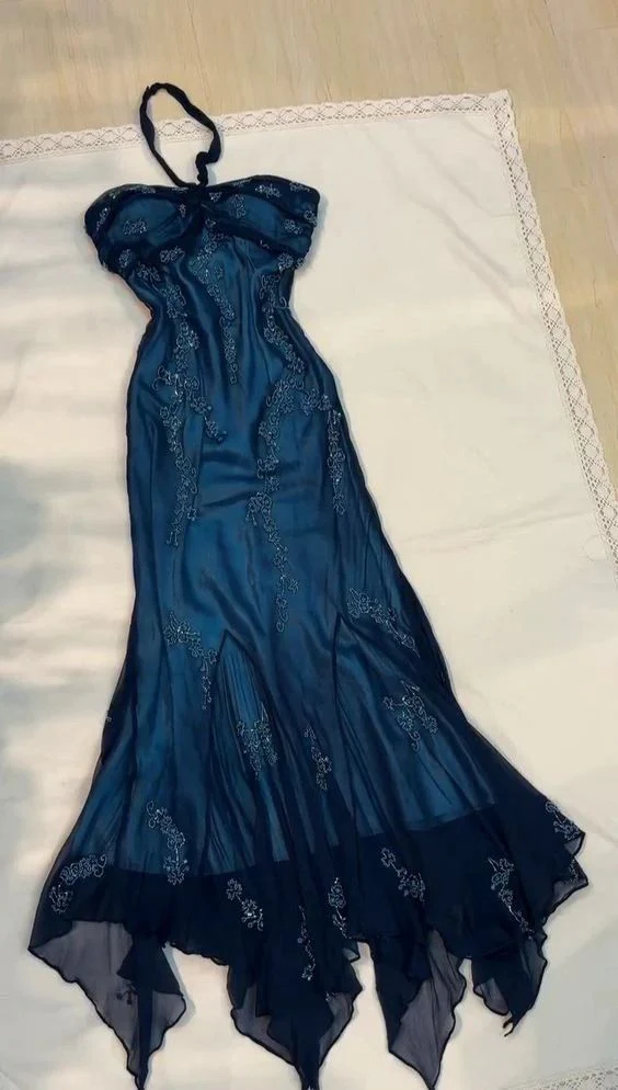 Vintage Halter Beaed Navy Blue Chiffon Mermaid Prom Dress Long Party Evening Dress Y7504