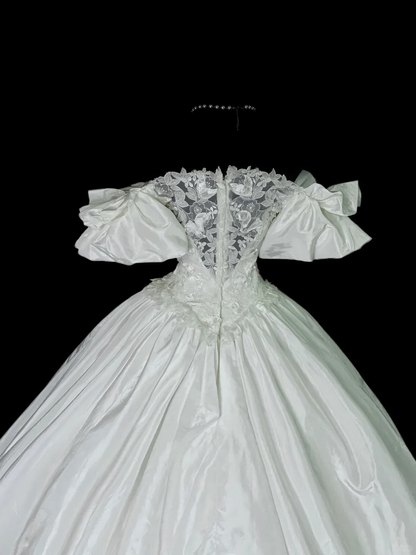 Vintage Off The Shoulder White Satin Lace Long Wedding Dress Bridal Gown SP4040