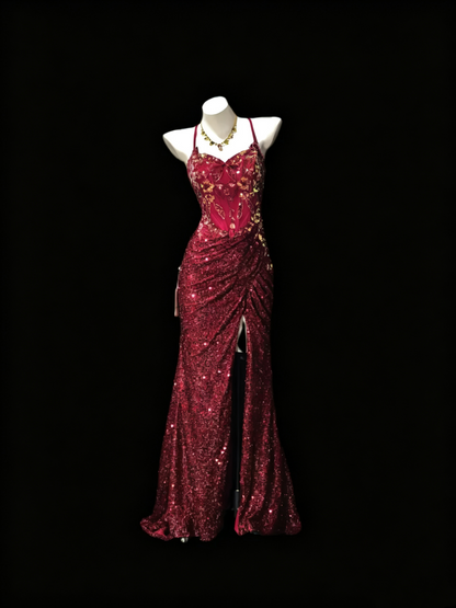 Glitter Burgundy Sequin Appliques Slit Mermaid Party Dress Long Wedding Guest Dress SP3172