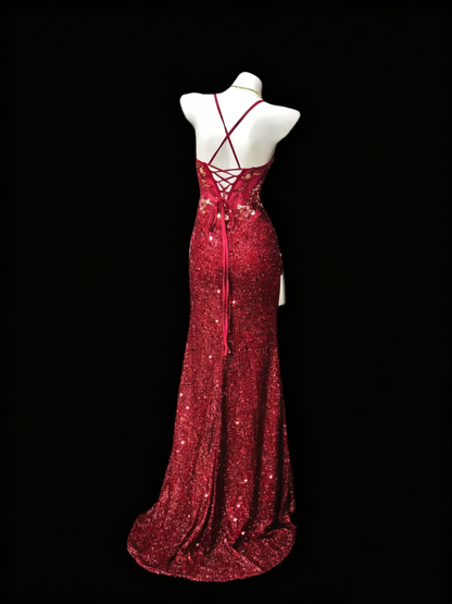 Glitter Burgundy Sequin Appliques Slit Mermaid Party Dress Long Wedding Guest Dress SP3172