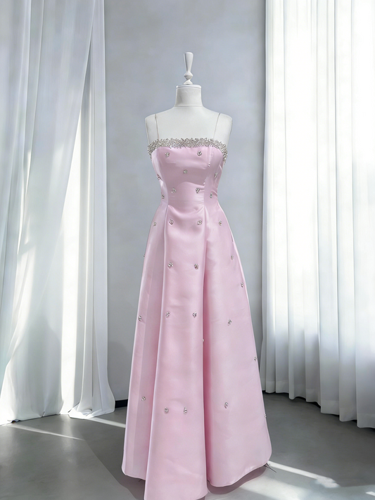 Elegant  Pink Satin Beaded A Line Long Party Dress Wedding Guest Dress SP1759