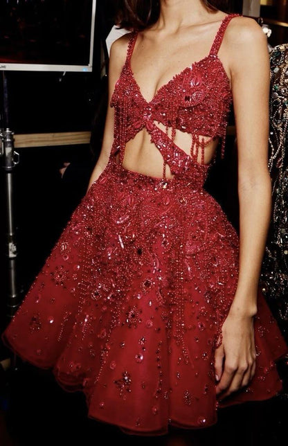 Charming Spaghetti Straps V Neck Satin Beaded A Line Short Homecoming Dress Birthday Dress SP3461