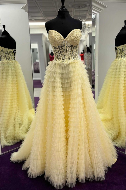 Yellow Sweetheart Lace Corset Tiered Tulle Prom Dress Y5819