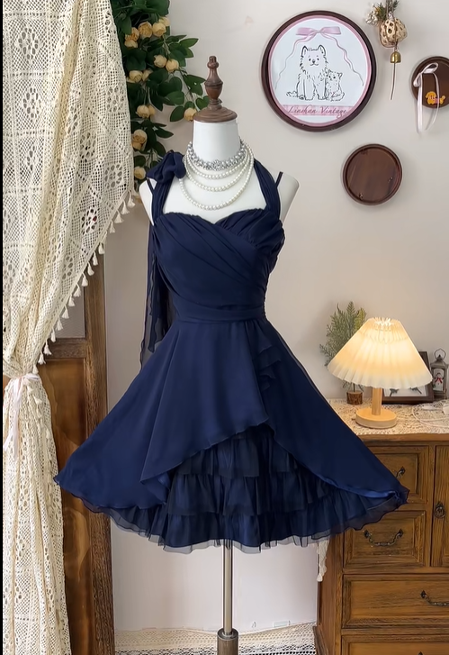Classy Halter Chiffon Tulle Cocktail Dress Navy Blue A Line Grade Homecoming Dress Birthday Outfits Y8889