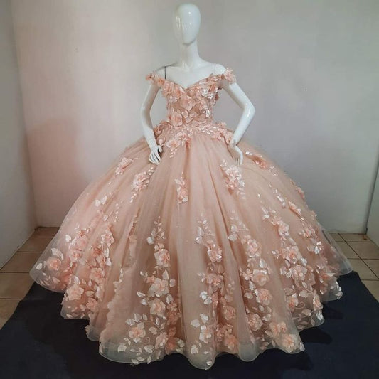 Peach Dress Sweet 15 16 Dress Off Shoulder Princess Lace Up Ball Gown Y2686