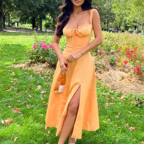 Cute Orange Sweetheart Neakline A Line Slit Party Dress Formal Prom Dress Y7577