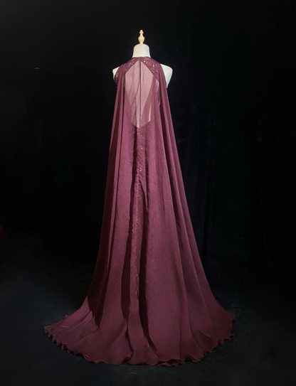 Gorgeous Burgundy Sleeveless Chiffon Beaded Mermaid Long Evening Dress Backless Birthday Dress SP1786