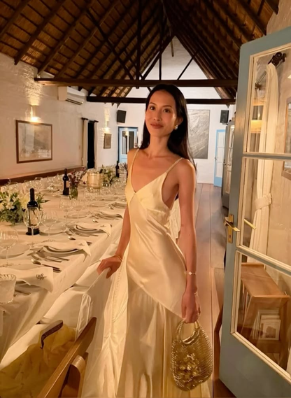 Classy Spaghetti Straps V Neck Satin Long Wedding Guest Dress Yellow Mermaid Long Party Dress SP3931