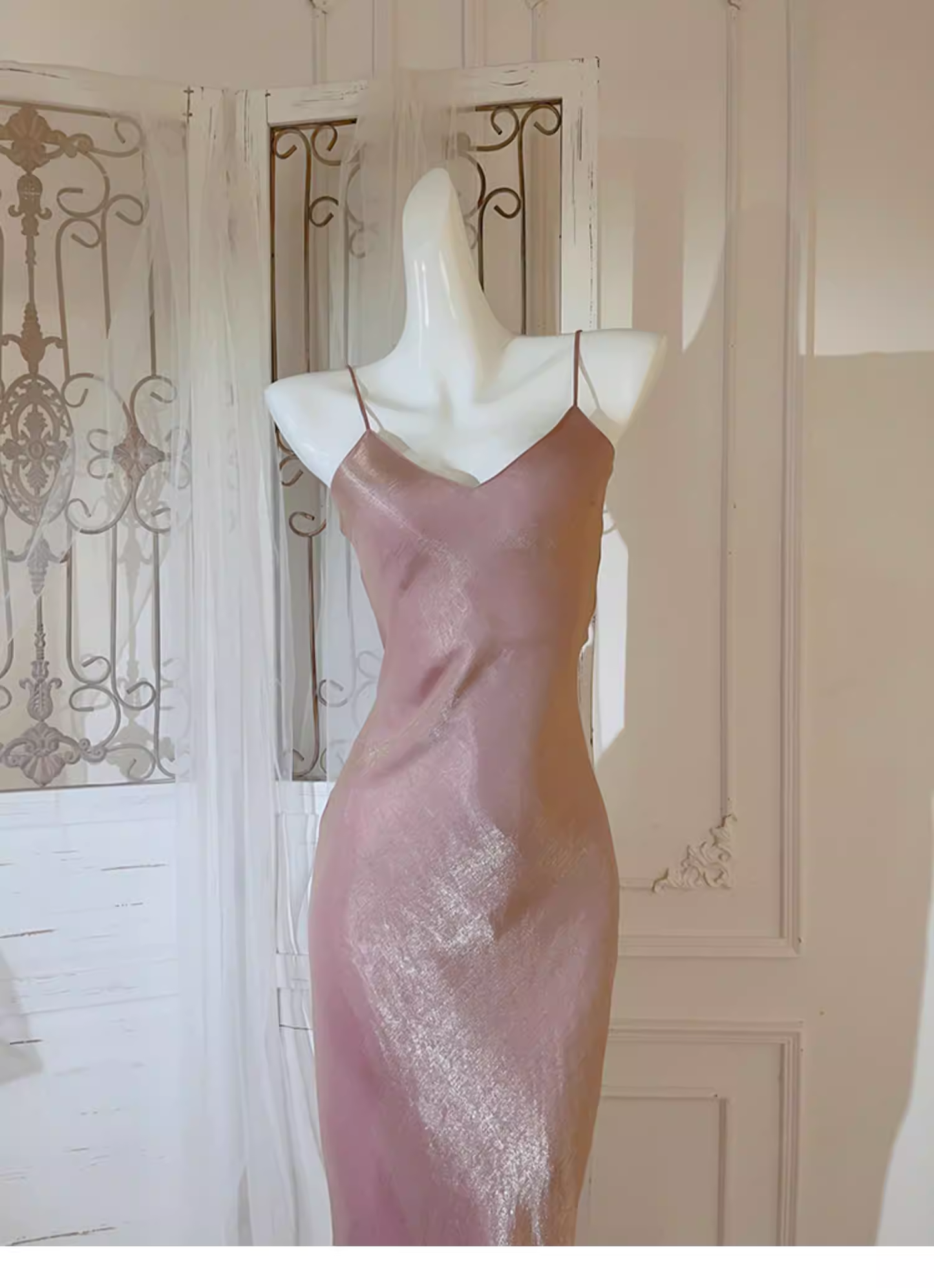 Classy Spaghetti Straps Pink V Neck Satin Mermaid Long Party Dress Formal Wedding Guest Dress SP2004