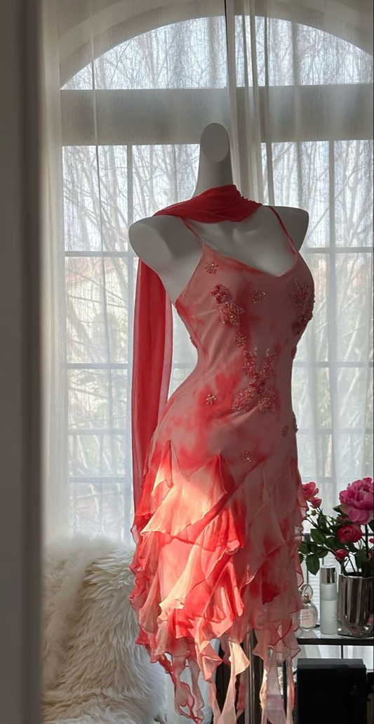 Classy Spaghetti Straps Chiffon Ruffles Beaded Homecoming Dress Short Birthday Outfits Y8920