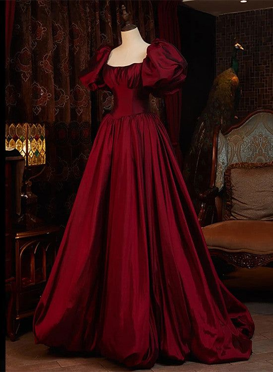 Wine Red Short Sleeves Floor Length Long Evening Dresses, Ball Gown Formal Dresses Y6973