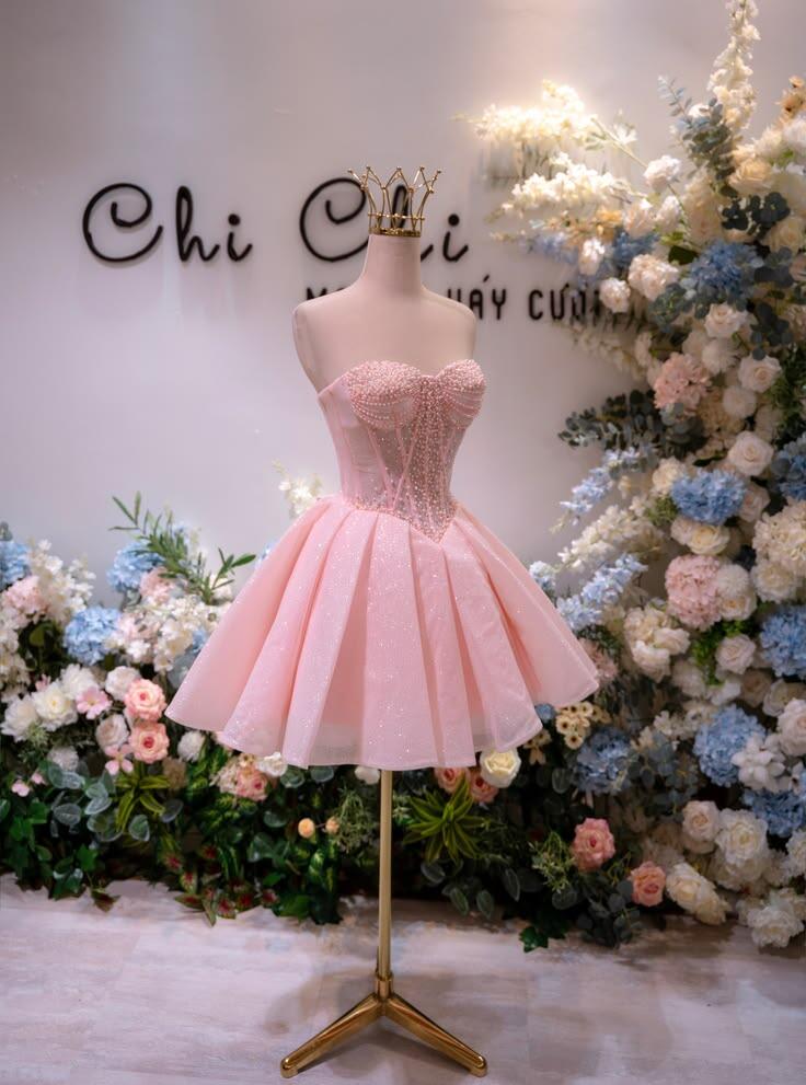 Glitter Pink Sweetheart Neck Tulle Beaded A Line Short Birthday Outfits Homecoming Dress With Bow SP3465