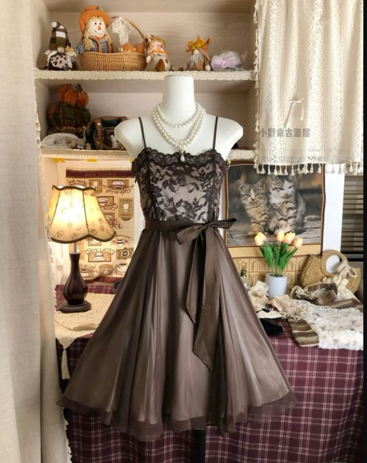 Vintage Satin Lace A Line Short Party Dress Brown Homecoming Dress Y8841