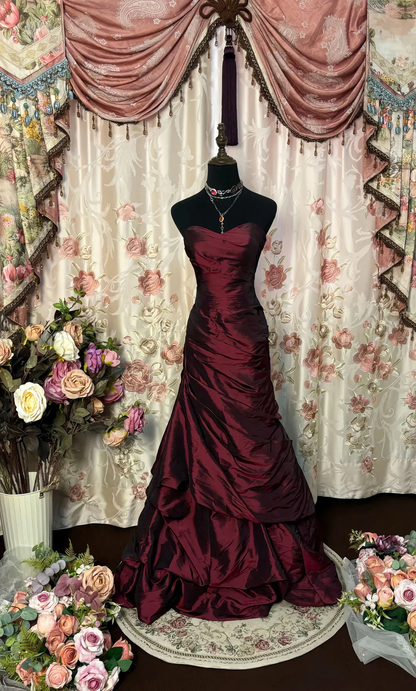 Stylish Strapless Red Satin Pleated Mermaid Evening Dress Long Birthday Prom Dresses SP942