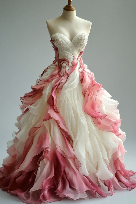 Vintage Chiffon Beaded Long Prom Dress, Gradient Pink Ruched Formal Evening Dress Y8523