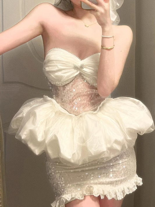 Sexy Strapless Tulle Sequin Sheath White Short Homecoming Dress Birthday Outfits SP173