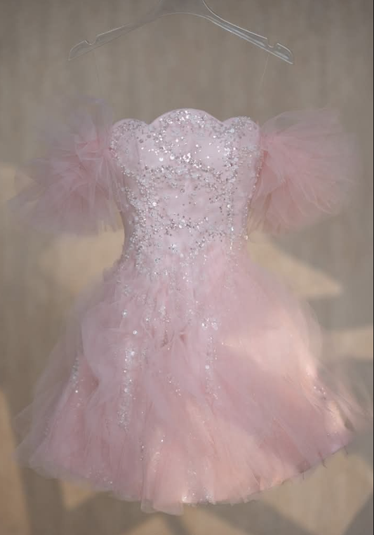 Sweet Tulle Sequins A Line Mini Homecoming Dress Pink Graduation Dress Y8844
