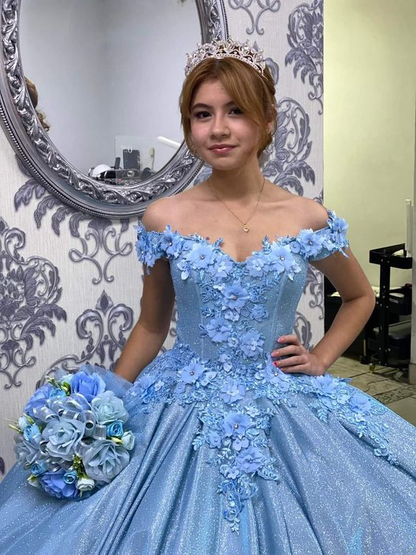 Blue Floral Applique Sweetheart Puffy Ball Gown Sweet 16 Dress Y6078