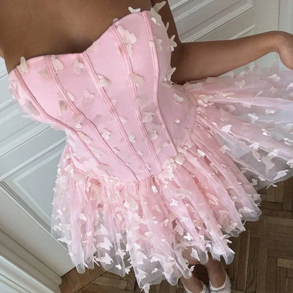 Sweet Pink Strapless Tulle Butterflies Appliques A Line Short Birthday Outfits,Formal Graduation Homecoming Dress SP2857