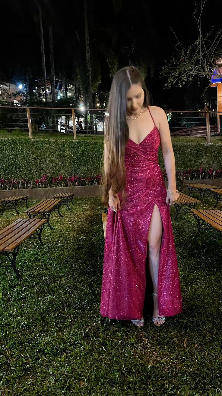 Shiny V Neck Tulle Sequin Slit Long Wedding Guest Dress Fuchsia Long Party Dress SP3952
