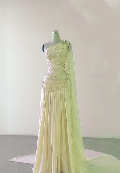 Classy One Shoulder Pink Long Chiffon Beaded Party Dress Prom Gown Y8772