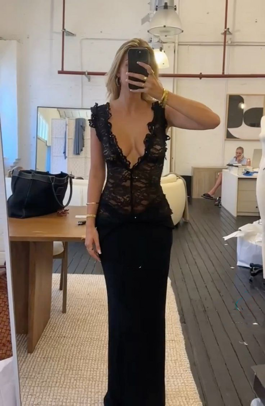 Sexy Deep V Black Lace Satin Sheath Long Evening Dress Formal Party Gown SP199