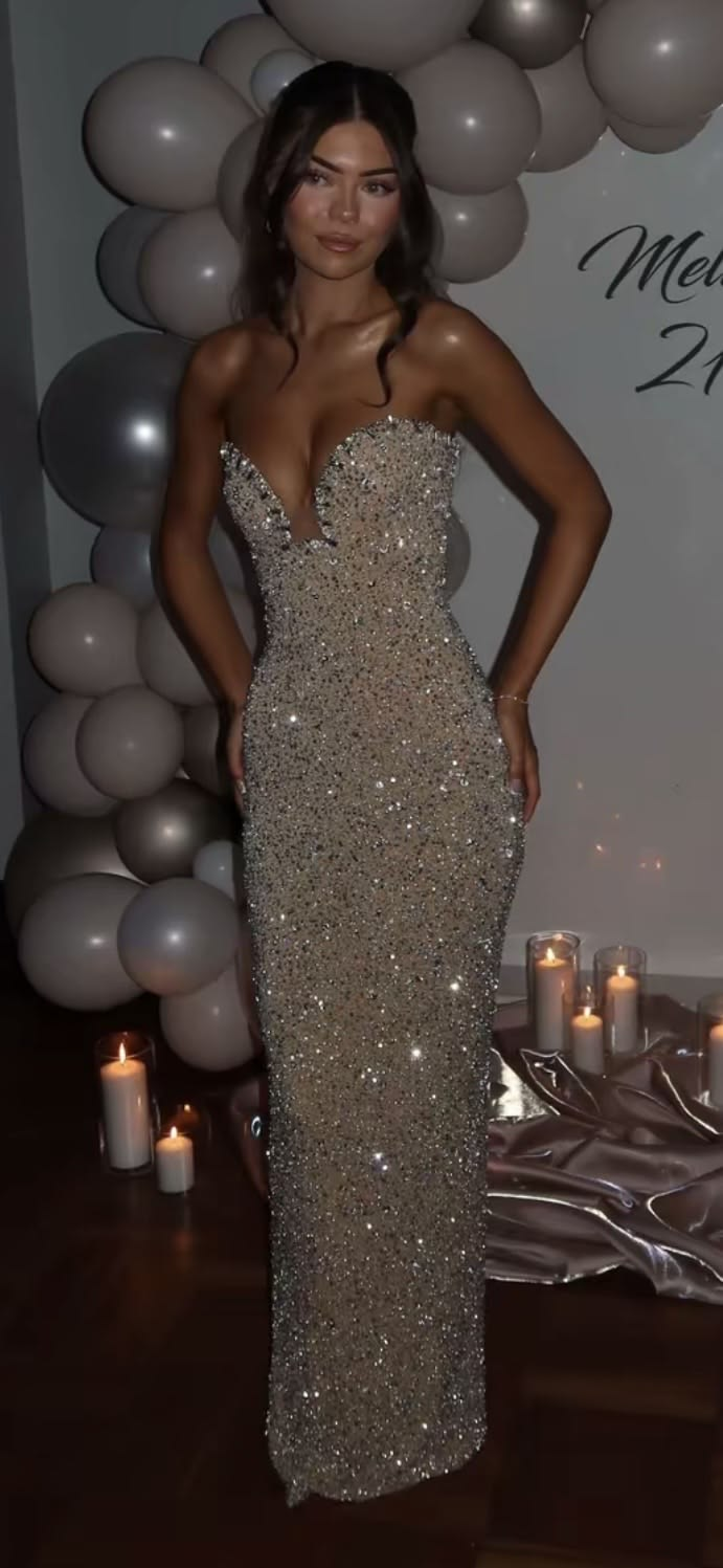 Gorgeous Champagne Strapless Sequin Beaded Sheath Long Party Dress Prom Gown SP2955