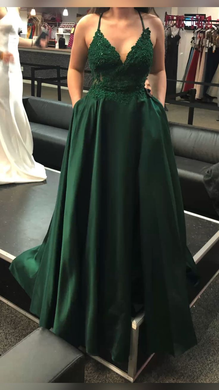 Dark Green V Neck A-line Evening Dress With Pockets Y5738