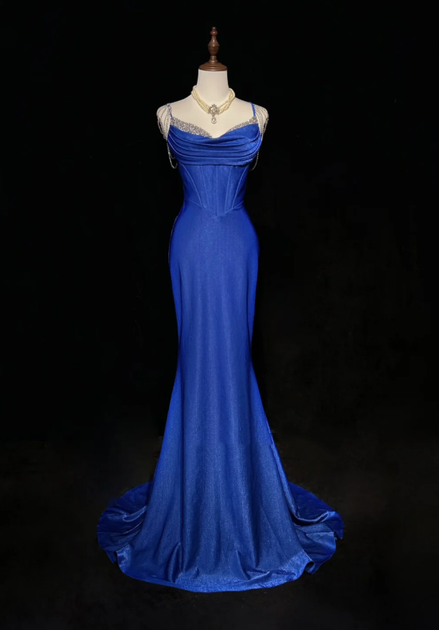 Charming Spaghetti Straps Royal Blue Satin Beaded Mermaid Long Evening Dress Birthday Prom Dress SP1961