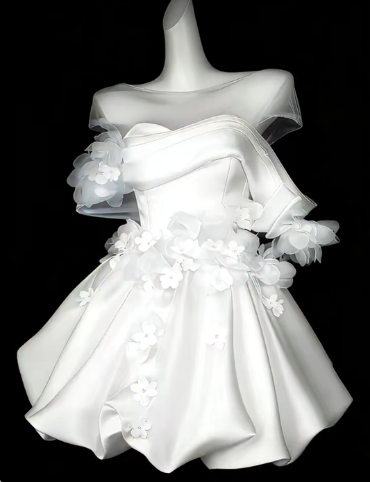Classy White Satin Tulle Appliques A Line Short Homecoming Dress Birthday Outfits SP3546