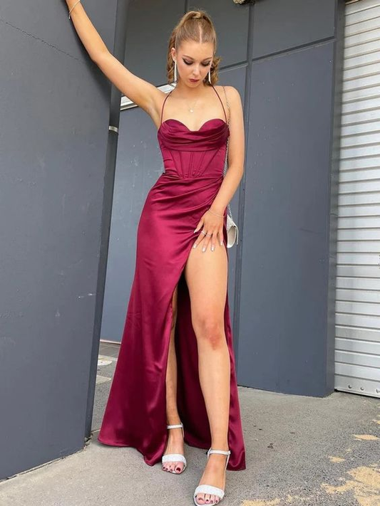 Mermaid Satin Burgundy Long Prom Dress with Slit Y2898