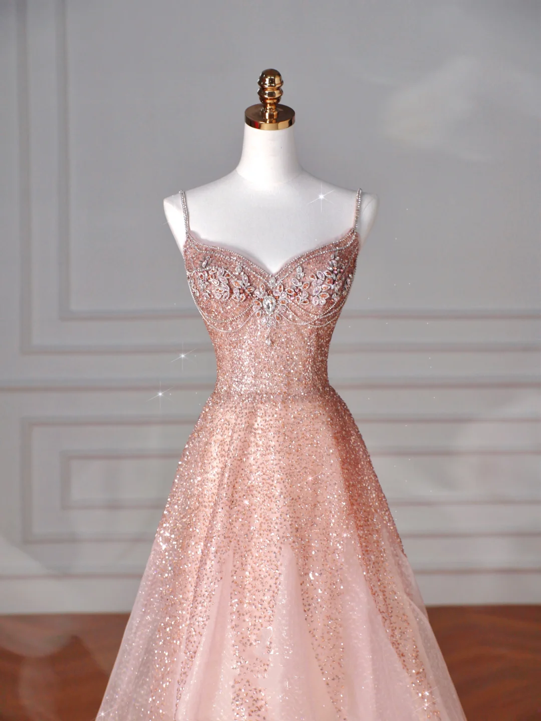 Glitter Pink Tulle Sequins Beaded Prom Dress,Spaghetti Straps A Line Evening Dress Y8619