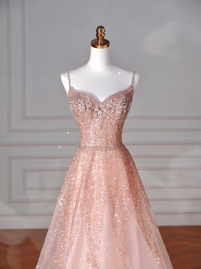 Glitter Pink Tulle Sequins Beaded Prom Dress,Spaghetti Straps A Line Evening Dress Y8619