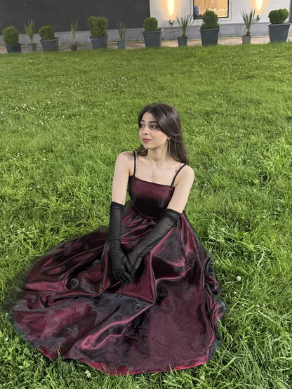 Pretty Burgundy Satin Tulle Long Party Dress Spaghetti Straps A Line Birthday Prom Dresses SP4232